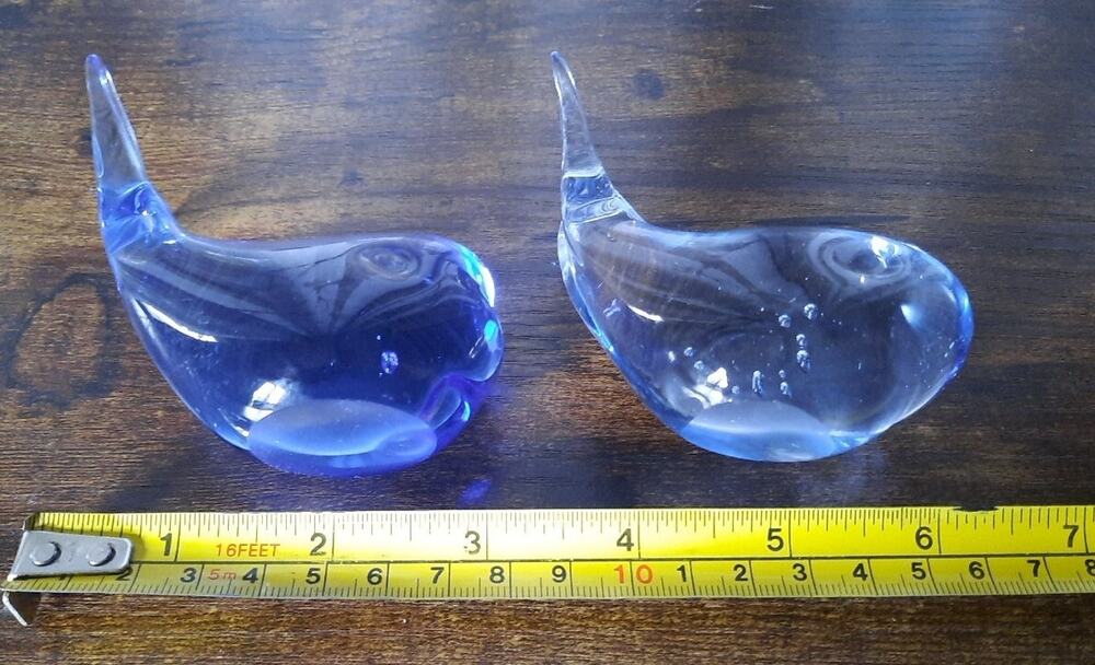 Pair Of Art Glass Whale Figurines Blue Bubbles Light and Cobalt Paperweight